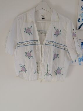 AE Collared Tie Front Embroidered Shirt.